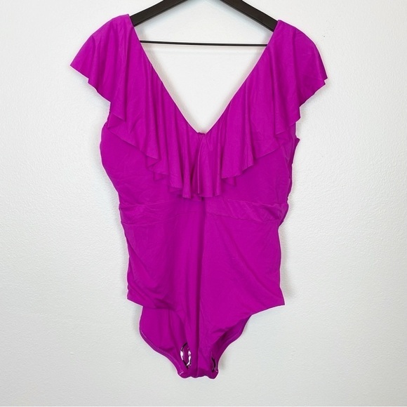 Trina Turk Atlas Ruffle Plunge One-Piece Swimsuit Orchid - Picture 3 of 5